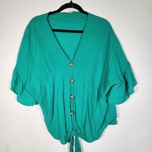 Vine & Love Teal Button-Front Tie-Hem Blouse